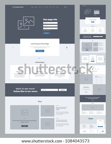 One page website design template for business. Landing page wireframe. Flat modern responsive design. Ux ui website: home, advantages, features, blog, testimonials, partners, benefits, contacts, form.