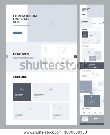 One page website design template for business. Landing page wireframe. Flat modern responsive design. Ux ui website: home, features, explore, impressions, potential, blog, order, company, contacts.