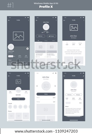 Wireframe kit for mobile phone. Mobile App UI, UX design. New profile screens: home, feed, about, photos, followers, messages, friends, profile, info, settings.