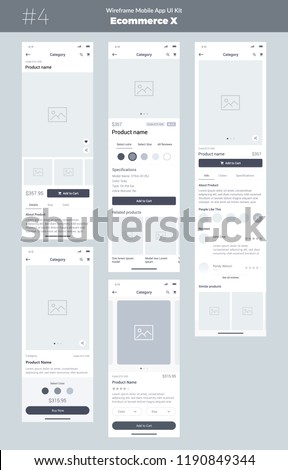 Wireframe kit for mobile phone. Mobile App UI, UX design. New Ecommerce Product. Category, Name of product, size, color, prices, specifications and details screens. Choose and buy a product.
