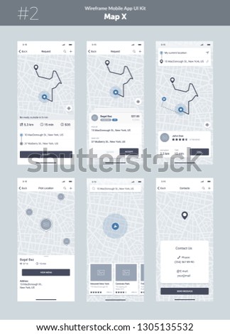 Wireframe kit for mobile phone. Mobile App UI, UX design. New map position: request, address, way, search, filter, route, order, list, pick location and contacts screens.