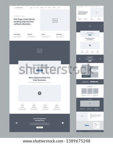 One page website design template for business. Landing page wireframe. Flat modern responsive design. Ux ui website: home, info, features, opportunities, offers, benefits, testimonials, contacts.