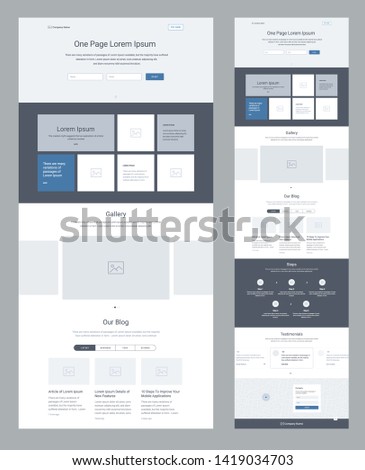 One page website design template for business. Landing page wireframe. Flat modern responsive design. Ux ui website template. Concept mockup layout for development. Best convert page.