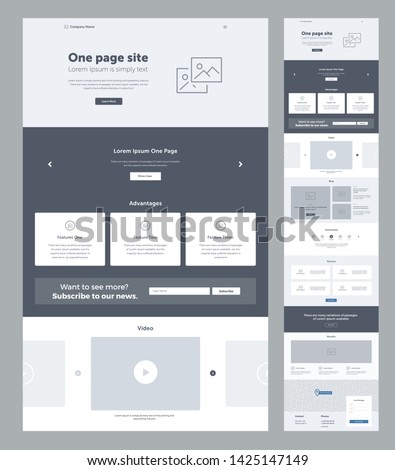 Landing page website design template for business. One page wireframe. Flat modern responsive design. Ux ui website template. Concept mockup layout for development. Best convert page.