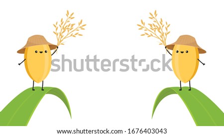 Rice character design. rice vector on white background. rice seed. rice on the leaf.