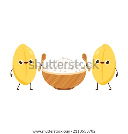 Rice cartoon and rice bowl on white background vector illustration. Cute food mascot logo for restaurant.