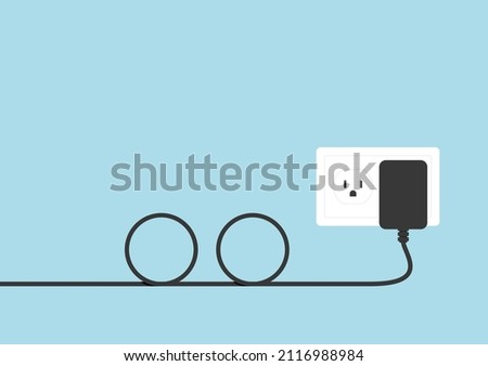 Black power cord vector. Black power cord cable plugged into yellow wall outlet on white blue wall with copy space.