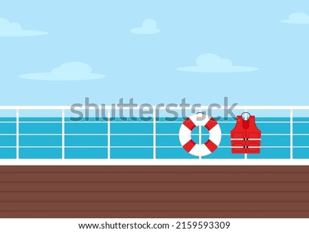 Cruise ship deck view. Clipart illustration. Lifebuoy and life Jacket cartoon vector. Vector flat style colored illustration of Lifebuoy and Life jacket on blue background.