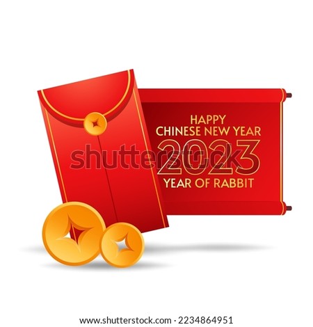 Red envelope and Chinese gold coin graphic vector. Chinese new year 2023. Year of rabbit.