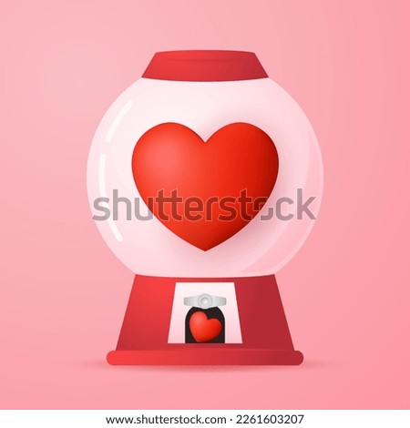 Heart in vending machine filled with red blue and white bubble gum hearts on pink background. illustration with transparent glass. Valentine's day.