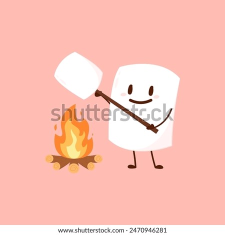 Marshmallow character. Marshmallow piece on skewer roasting on forest bonfire. bonfire vector. Marshmallow cartoon vector. 