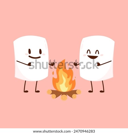 Marshmallow character. Marshmallow piece on skewer roasting on forest bonfire. bonfire vector. Marshmallow cartoon vector. 