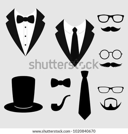 Men's jackets. Tuxedo with mustaches, glasses, beard, pipe and top hat. Weddind suits with bow tie and with necktie. Vector illustration