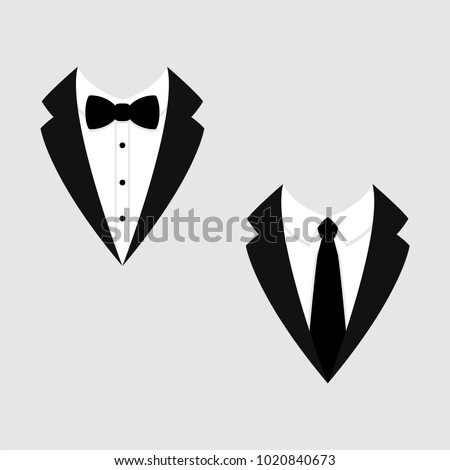 Men's jackets. Tuxedo. Wedding suits with bow tie and with necktie. Vector illustration