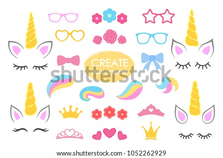 Create your own unicorn - big vector collection. Unicorn constructor. Cute unicorn face. Unicorn details - Horhs, eyelashes, ears, hairstyles, flowers, crowns, glasses bows Vector illustration