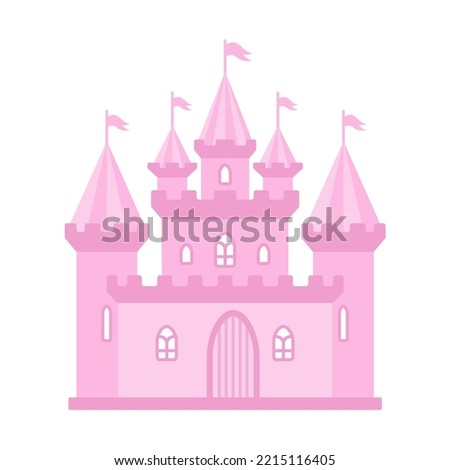 Pink princess castle. Medieval house. Magic kingdom. Vector illustration isolated on white background