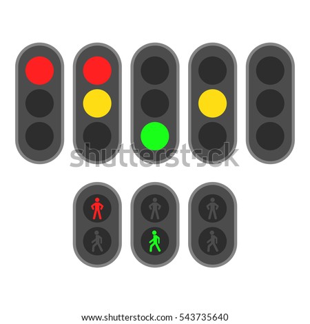 Set of traffic lights. Flat signal icons. Semaphore design. Vector illustration isolated on white background.