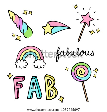Fabulous, sparkling, magic, rainbow hand drawn doodle vector illustrations set. Unicorn horn, rainbow, magic wand, comet star, sweet lollipop and fabulous writings, isolated.
