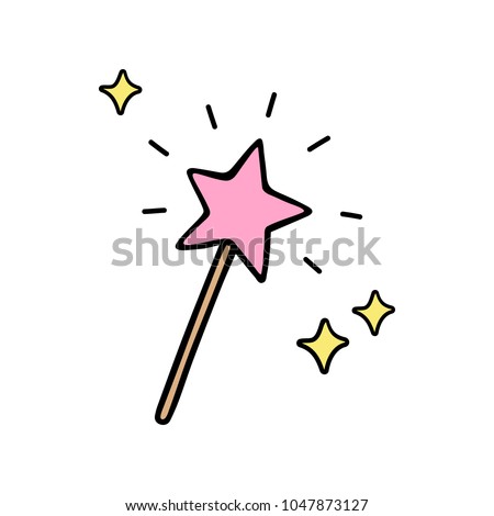 Pink star shaped magic wand with shiny sparkles. Magical wand, stick, doodle hand drawn vector illustration, isolated.