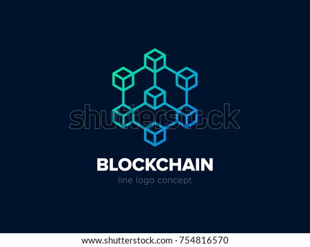 Blockchain line icon logo concept on dark background. Cryptocurrency data sign design. Abstract geometric block chain technology business sign. Vector illustration