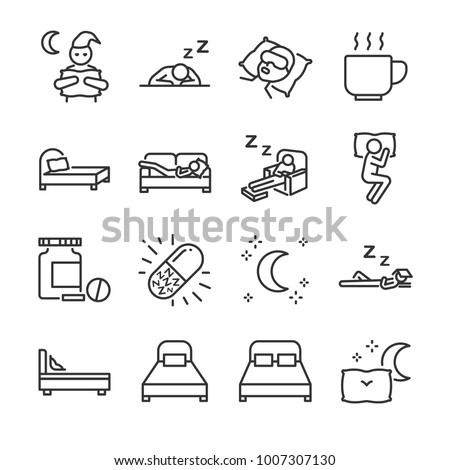 Sleep line icon set. Included the icons as insomnia, sleepless, bed, bedtime, sleepwalk, night, sleeping pill and more.