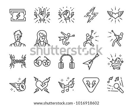 Rock and Roll line icon set. Included the icons as rocker, leather boy, concert, song, musician, heart, guitar and more.
