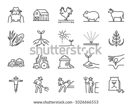 Farm and agriculture line icon set. Included the icons as farmer, cultivation, plant, crop, livestock, cattle, farm, barn and more.