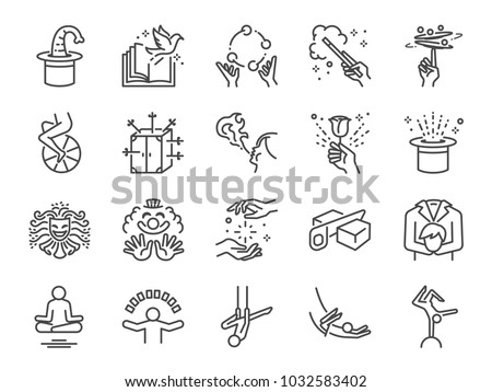 Magic show line icon set. Included the icons as unicycle, magician, acrobatics, clown, magical wand, performance, juggling, exciting performing and more.