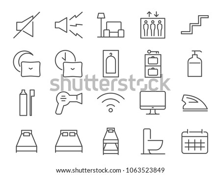 Hostel facilities icon set 2. Included the icons as bathroom, bed types, sleep, nap, lift, lobby, hotel, services and more