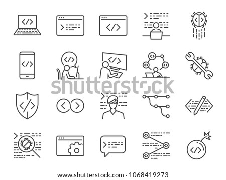 Developer icon set. Included the icons as code, programmer coding, mobile app, api, node connect, flow, logic, web coder, bug fix and more