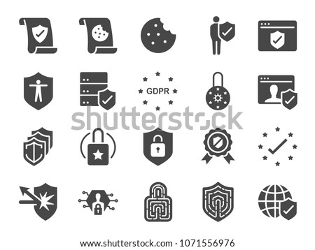 GDPR privacy policy icon set. Included the icons as security information, GDPR data protection, shield, cookies policy, compliant, personal data, padlock and more