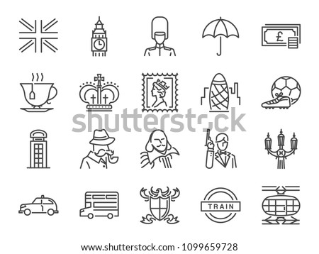 United Kingdom icon set. Included the icons as tea time, British pound, London taxi, queen, flag, bus, Big ben tower and more
