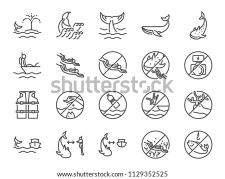 Whale watch icon set. Included icons as Whale watching, scuba diver, diving, marine, ocean traveler, underwater and more.