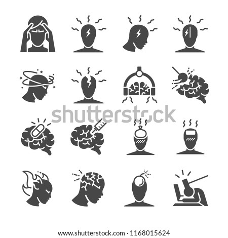 	
Headache icon set. Included the icons as Tension headaches, Cluster headaches, Migraine, brain symptom and more