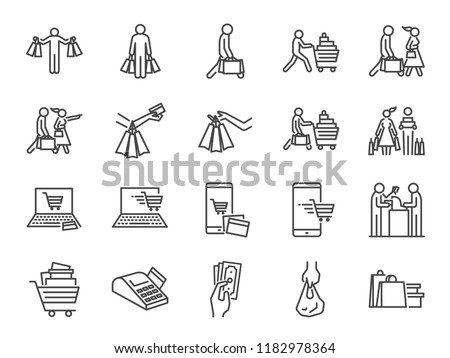 Shopping icon set. Included icons as buy, shopaholic, handful bags, cart, shop and more.