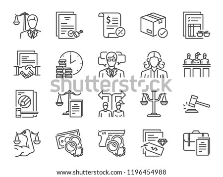 Legal services icon set. Included icons as law, lawyer, judge, court, advocacy and more.