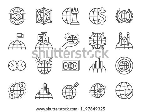 Global business line icon set. Included icons as world class, international, finance, cooperation, strategy and more.