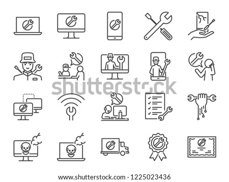 IT support icon set. Included the icons as tech support, technician, broken computer, mobile, technical help desk, onsite services and more.