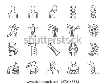 Orthopedics line icon set. Included the icons as osteoarthritis, medical rehab, plantar fasciitis, back injuries, Fracture and more.