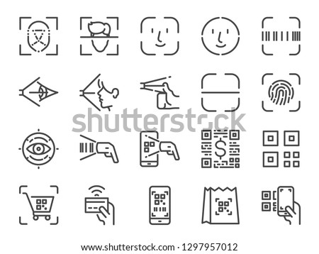 Scan to pay line icon set. Included icons as face id, scanner, qr code, barcode, shopping and more.