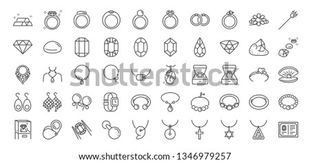 50 Jewelry line icon set. Included icons as gems, gemstones, jewel, accessories, ring and more.