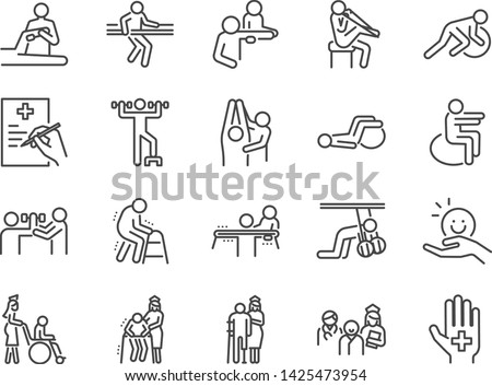 Physical therapy line icon set. Included icons as recovery, body, Nursing Home, take care, hospital, physiology and more.