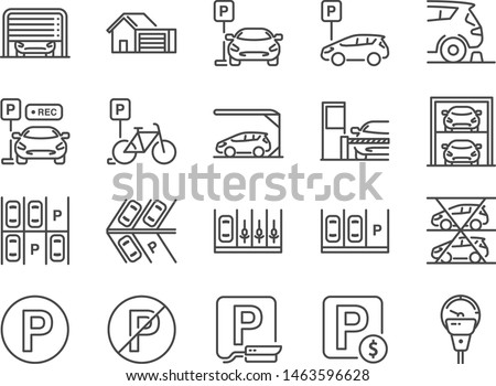 Parking line icon set. Included icons as Garage, Valet servant, Paid parking, recorder, lift, security camera and more.