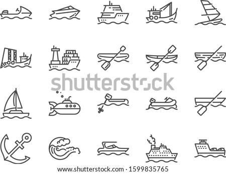 Water Transport icon set. Included icons as boat, ship, cruise, ferry, jet ski, speedboat and more.