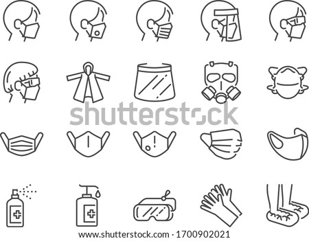 Covid-19 protection equipments line icon set. Included icons as face mask, 3d mask, face shield, goggles, alcohol gel, PPE suite and more.