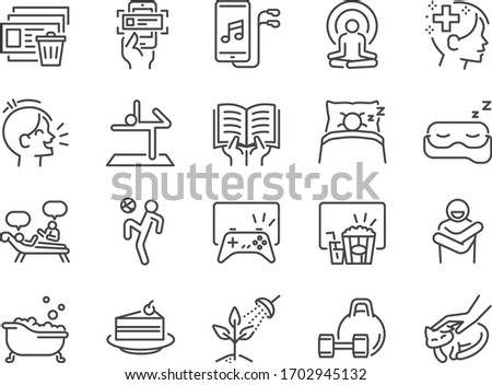 Self-care at home during self quarantine line icon set. Included icons as Self-quarantine, enjoy, emotion, mental activity, relax and more.