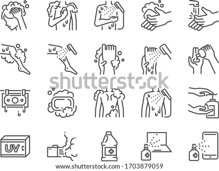 Body wash line icon set. Included icons as wash, hair washing, cleaning, hand scrub, soap, body bath, shower and more. 商業照片 © 