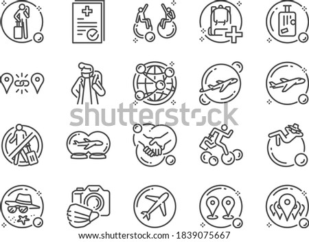 Travel bubble line icon set. Included the icons as tourism, covid-19, safety, tourist, pend up demand, quarantine, and more.