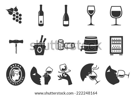 Wine vector illustration icon set. Included the icons as red wine, white wine, glasses, sommelier, tasting, ferment and more.