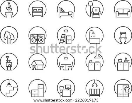 Room icon set. The icons included bedroom, bathroom, living  room, toilet, kitchen, and more.